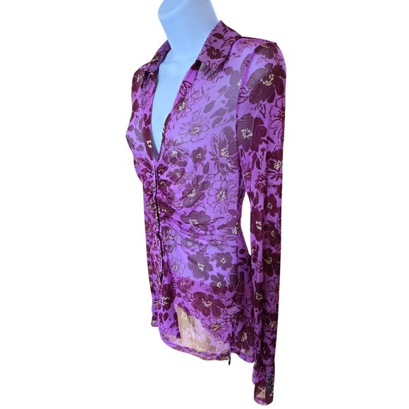 Free People Sheer Ruched Button Down Purple Floral Mesh Blouse coquette colorful - Picture 3 of 7